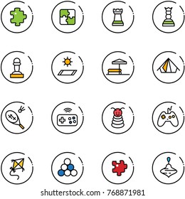 line vector icon set - puzzle vector, chess tower, queen, pawn, mat, inflatable pool, tent, badminton, joystick wireless, pyramid toy, kite, billiards balls, wirligig