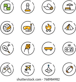 line vector icon set - puzzle vector, pawn, mat, inflatable pool, volleyball, diving, fire, tent, badminton, kite, skateboard, joystick wireless, wirligig toy, football