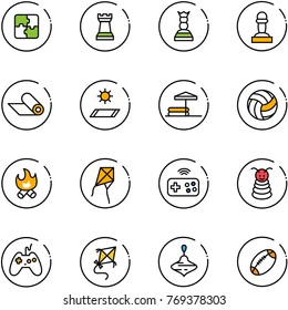 line vector icon set - puzzle vector, chess tower, queen, pawn, mat, inflatable pool, volleyball, fire, kite, joystick wireless, pyramid toy, wirligig, football