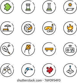 line vector icon set - puzzle vector, chess tower, queen, mat, inflatable pool, volleyball, diving, fire, badminton, kite, skateboard, joystick wireless, boomerang, wirligig toy