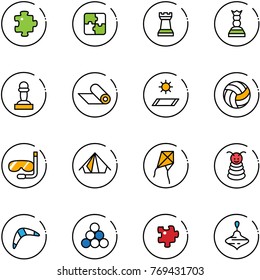 line vector icon set - puzzle vector, chess tower, queen, pawn, mat, volleyball, diving, tent, kite, pyramid toy, boomerang, billiards balls, wirligig