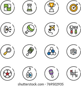 line vector icon set - puzzle vector, chess tower, win cup, target, solution, beanbag, kite, shovel fork toy, billiards balls, cube, soccer ball, yoyo, Tic tac toe