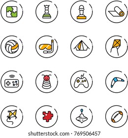 line vector icon set - puzzle vector, chess queen, pawn, mat, volleyball, diving, tent, kite, joystick wireless, pyramid toy, boomerang, wirligig, football