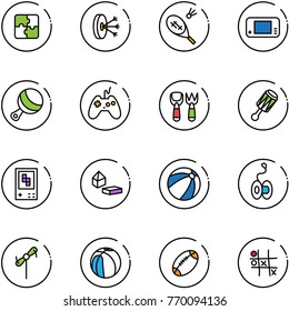 line vector icon set - puzzle vector, solution, badminton, game console, beanbag, joystick, shovel fork toy, constructor blocks, beach ball, yoyo, windmill, basketball, football, Tic tac toe