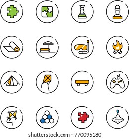line vector icon set - puzzle vector, chess queen, pawn, mat, inflatable pool, diving, fire, tent, kite, skateboard, joystick, billiards balls, wirligig toy
