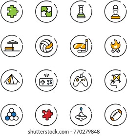 line vector icon set - puzzle vector, chess queen, pawn, inflatable pool, volleyball, diving, fire, tent, joystick wireless, kite, billiards balls, wirligig toy, football