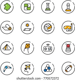 line vector icon set - puzzle vector, chess queen, pawn, mat, volleyball, diving, tent, kite, joystick wireless, pyramid toy, boomerang, billiards balls, football