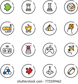 line vector icon set - puzzle vector, chess tower, queen, volleyball, diving, fire, tent, kite, joystick wireless, pyramid toy, billiards balls, wirligig, football