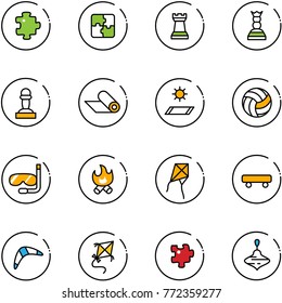 line vector icon set - puzzle vector, chess tower, queen, pawn, mat, volleyball, diving, fire, kite, skateboard, boomerang, wirligig toy