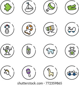 line vector icon set - puzzle vector, sailboat toy, beanbag, crocodile, teethers, xylophone, baby car, robot, phone, horse, bear, unicorn stick, giraffe