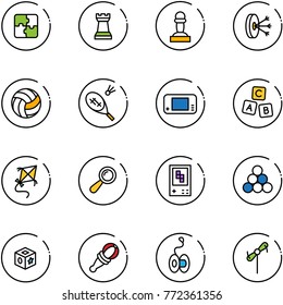 line vector icon set - puzzle vector, chess tower, pawn, solution, volleyball, badminton, game console, abc cube, kite, beanbag, billiards balls, toy, yoyo, windmill