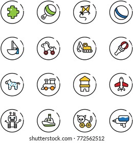 line vector icon set - puzzle vector, beanbag, kite, ball, sailboat toy, wheel horse, excavator, train, block house, plane, robot, boat, cat, water gun