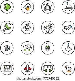 line vector icon set - puzzle vector, dolphin, robot, sailboat toy, beanbag, dinosaur, plane, cube, elephant wheel, phone, wirligig, piano, bus, duck