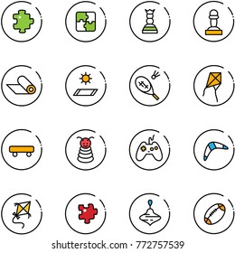 line vector icon set - puzzle vector, chess queen, pawn, mat, badminton, kite, skateboard, pyramid toy, joystick, boomerang, wirligig, football