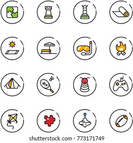 line vector icon set - puzzle vector, chess tower, queen, mat, inflatable pool, diving, fire, tent, badminton, pyramid toy, joystick, kite, wirligig, football