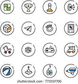 line vector icon set - puzzle vector, gold cup, pawn, solution, volleyball, paper plane, beanbag, game console, wheel horse, cube toy, gamepad, train, beach ball, wirligig, yoyo, water gun