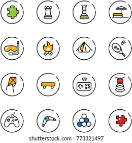 line vector icon set - puzzle vector, chess tower, queen, inflatable pool, diving, fire, tent, badminton, kite, skateboard, joystick wireless, pyramid toy, boomerang, billiards balls