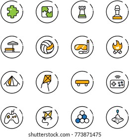line vector icon set - puzzle vector, chess tower, pawn, inflatable pool, volleyball, diving, fire, tent, kite, skateboard, joystick wireless, billiards balls, wirligig toy