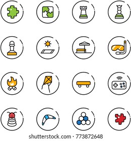 line vector icon set - puzzle vector, chess tower, queen, pawn, mat, inflatable pool, diving, fire, kite, skateboard, joystick wireless, pyramid toy, boomerang, billiards balls