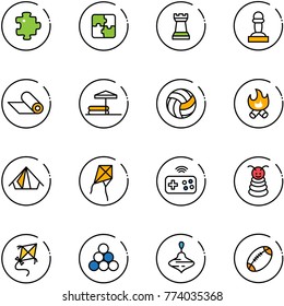 line vector icon set - puzzle vector, chess tower, pawn, mat, inflatable pool, volleyball, fire, tent, kite, joystick wireless, pyramid toy, billiards balls, wirligig, football