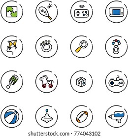 line vector icon set - puzzle vector, badminton, joystick wireless, game console, kite, beanbag, wheel horse, cube toy, gamepad, beach ball, wirligig, football, water gun