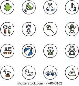 line vector icon set - puzzle vector, beanbag, car toy, sailboat, shovel fork, horse stick, robot, train, beach ball, bear, duck, boat