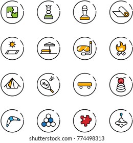 line vector icon set - puzzle vector, chess queen, pawn, mat, inflatable pool, diving, fire, tent, badminton, skateboard, pyramid toy, boomerang, billiards balls, wirligig