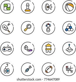 line vector icon set - puzzle vector, pawn, solution, ball, badminton, beanbag, billiards balls, gamepad, constructor blocks, toy block house, wirligig, yoyo, dart, football, Tic tac toe