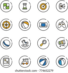 line vector icon set - puzzle vector, chess tower, target, solution, ball, game console, joystick, rocking horse, beanbag, xylophone, toy train, beach, basketball