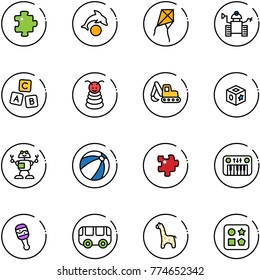 line vector icon set - puzzle vector, dolphin, kite, robot, abc cube, pyramid toy, excavator, beach ball, piano, beanbag, bus, giraffe, hole