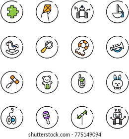 line vector icon set - puzzle vector, kite, robot, sailboat toy, rocking horse, beanbag, teethers, horn, hammer, bear, phone, rabbit, yoyo, windmill