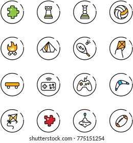 line vector icon set - puzzle vector, chess tower, queen, volleyball, fire, tent, badminton, kite, skateboard, joystick wireless, boomerang, wirligig toy, football