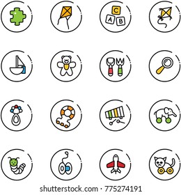 line vector icon set - puzzle vector, kite, abc cube, sailboat toy, bear, shovel fork, beanbag, teethers, xylophone, elephant wheel, caterpillar, yoyo, plane, cat