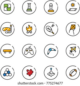 line vector icon set - puzzle vector, chess queen, pawn, mat, diving, fire, badminton, kite, skateboard, joystick, boomerang, billiards balls, wirligig toy, football