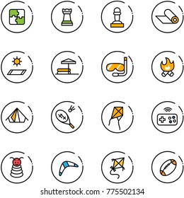 line vector icon set - puzzle vector, chess tower, pawn, mat, inflatable pool, diving, fire, tent, badminton, kite, joystick wireless, pyramid toy, boomerang, football
