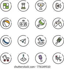 line vector icon set - puzzle vector, chess tower, gold cup, solution, ball, joystick wireless, beanbag, paper plane, rocking horse, wheel, wirligig toy, Tic tac toe