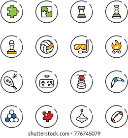 line vector icon set - puzzle vector, chess tower, queen, pawn, volleyball, diving, fire, badminton, joystick wireless, pyramid toy, boomerang, billiards balls, wirligig, football