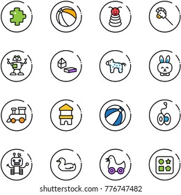 line vector icon set - puzzle vector, ball, pyramid toy, horse stick, robot, constructor blocks, rabbit, train, block house, beach, yoyo, duck, cube hole