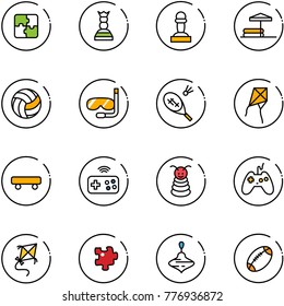 line vector icon set - puzzle vector, chess queen, pawn, inflatable pool, volleyball, diving, badminton, kite, skateboard, joystick wireless, pyramid toy, wirligig, football