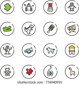 line vector icon set - puzzle vector, robot, pyramid toy, crocodile, dinosaur, beanbag, xylophone, horn, horse, block house, bear, yoyo, giraffe