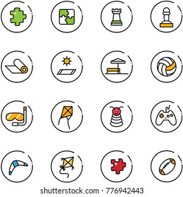 line vector icon set - puzzle vector, chess tower, pawn, mat, inflatable pool, volleyball, diving, kite, pyramid toy, joystick, boomerang, football