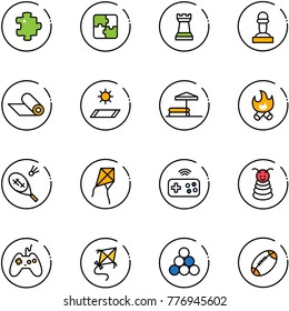 line vector icon set - puzzle vector, chess tower, pawn, mat, inflatable pool, fire, badminton, kite, joystick wireless, pyramid toy, billiards balls, football