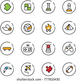 line vector icon set - puzzle vector, chess queen, pawn, mat, volleyball, fire, tent, skateboard, joystick wireless, pyramid toy, boomerang, kite, football