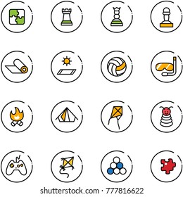 line vector icon set - puzzle vector, chess tower, queen, pawn, mat, volleyball, diving, fire, tent, kite, pyramid toy, joystick, billiards balls