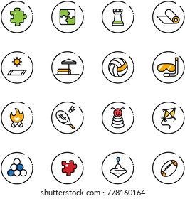 line vector icon set - puzzle vector, chess tower, mat, inflatable pool, volleyball, diving, fire, badminton, pyramid toy, kite, billiards balls, wirligig, football