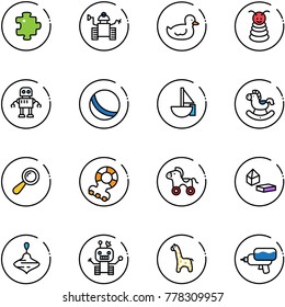line vector icon set - puzzle vector, robot, duck toy, pyramid, ball, sailboat, rocking horse, beanbag, teethers, wheel, constructor blocks, wirligig, giraffe, water gun
