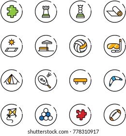 line vector icon set - puzzle vector, chess tower, queen, mat, inflatable pool, volleyball, diving, tent, badminton, skateboard, boomerang, kite, billiards balls, football