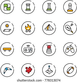 line vector icon set - puzzle vector, chess tower, queen, pawn, mat, fire, tent, badminton, skateboard, joystick wireless, pyramid toy, boomerang, wirligig, football
