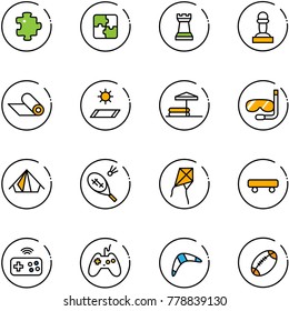 line vector icon set - puzzle vector, chess tower, pawn, mat, inflatable pool, diving, tent, badminton, kite, skateboard, joystick wireless, boomerang, football