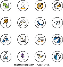 line vector icon set - puzzle vector, pawn, target, volleyball, kite, joystick, ball, paper plane, billiards balls, game console, toy train, beach, yoyo, beanbag, basketball